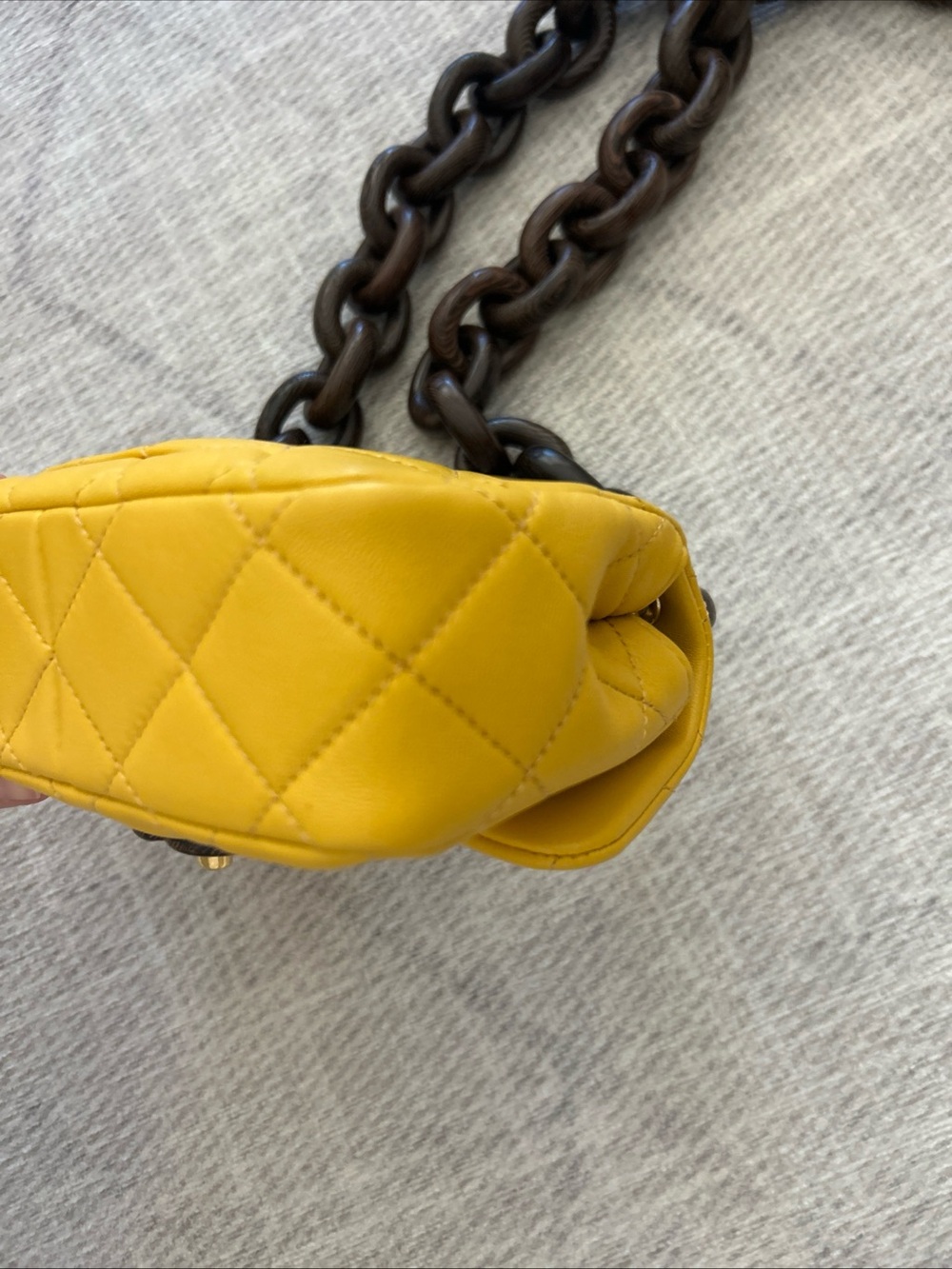 CHANEL Yellow Quilted Mini Flap Bag with Dark Wood Brown Chunky Chain - Picture 6 of 7